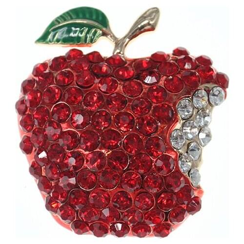 Lovely red rhinestone fruit shape brooch pins charming green enamel leaf fruit brooch