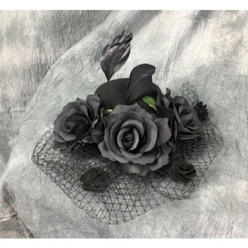 Lolita Black Gothic Feather Rose Hairpin Top Hat Side Clip Headdress Hair Accessories D443