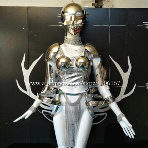 Sexy Lady Stage Performance SliverMirror Clothes Mirror Headwear Catwalk Shows Ballrooom Costume Halloween Dance Stage Suit