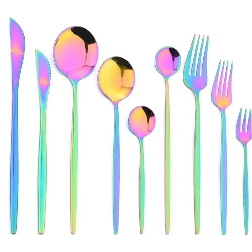 JANKNG Stainless Steel Dinner Cutlery Set Rainbow Tableware Kitchen Dinnerware Set Fork Spoon Knife Spoon Silverware Flatware