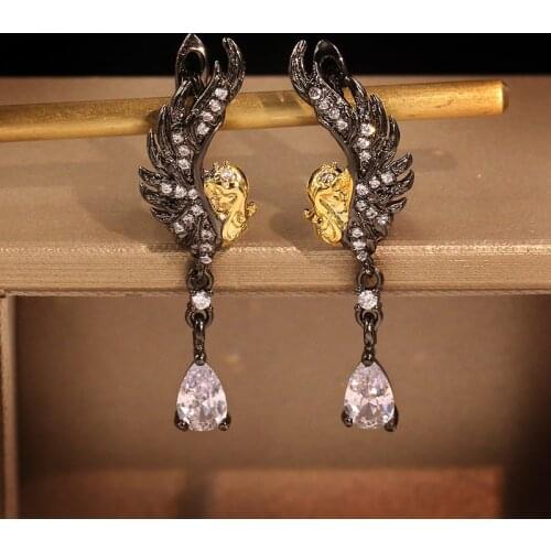 CIZEVA Temperament Jewelry Womens Retro Peacock Black Gold Drop Earrings Delicate Drop Shaped White Zircon Dangle Earrings