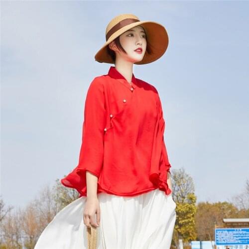 Traditional Chinese Style Clothing Top for Women Stand Up Collar Solid Color Flax Cotton Modern Hanfu 2021 Spring Autumn Clothes
