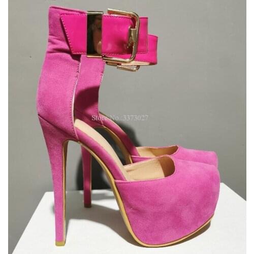 Rose Pink Stiletto Heel Platform Shoes Women Patchwork Ankle Buckle Suede single Shoes Pumps Lady Real Photos Wedding Shoes