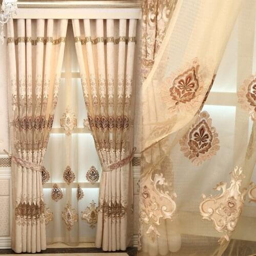 Top grade luxury European chenille embroidery hollow out champagne curtain luxury living room bedroom finished custom curtain