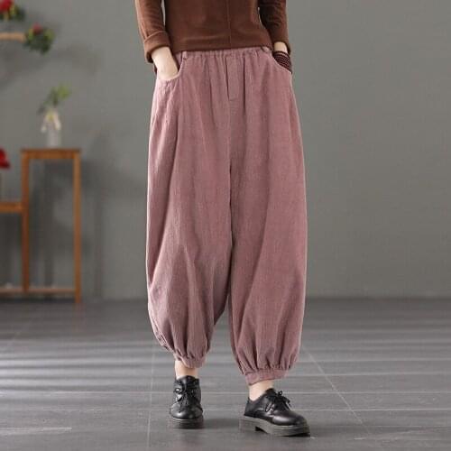 Women Corduroy Pants 2021 Autumn Winter New Casual Loose Trousers Ladies Retro Elastic Waist pocket Vintage Pants