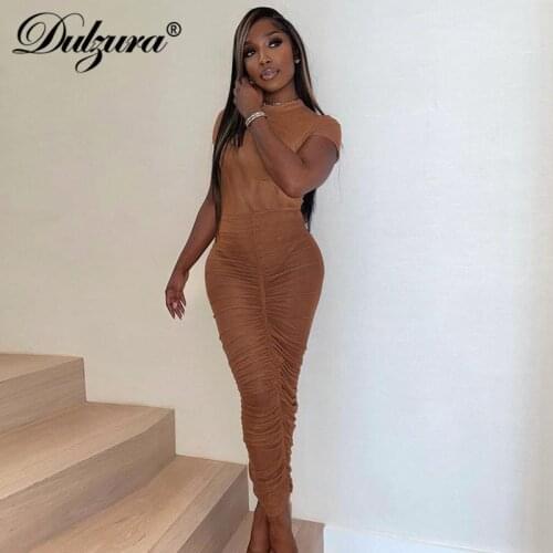 Dulzura 2021 Summer Women Mesh Two Pieces Short Sleeve Bodysuit Midi Skirt Set Ruched See Through Sheer Party Club Matching