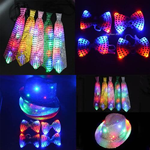 Woman Men Kids LED Blinking Sequin Jazz Hat Cap Light Up Bow Tie Wear Props Wedding Birthday Gift Decoration Neon Party Carnival