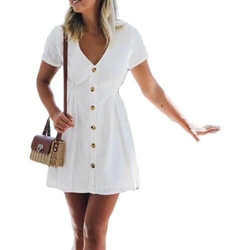 Spring And Summer New Womens Solid Color V-neck SlimSingle-Row Button High Waist Dress Women