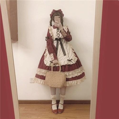 Opera Cake Vintage Style Womens Lolita OP Dress&Apron&Headband Long Sleeve Lace-up Ruff Trim Dress Cute Solid Dress One Piece