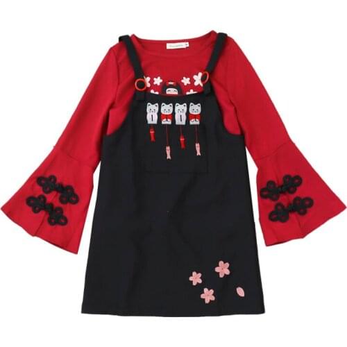 Women Dresses Sets Red Floral Embroidery O-neck T Shirts and Hight Waist Black Mini Strap Dress 2021 Autumn 2 Piece Set Clothes