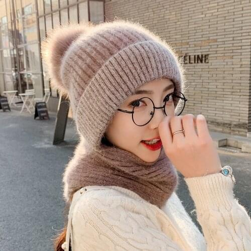 Winter Women Skullies Hats Combined with Scarf Lady Pure Color Knitted Beanie Hat Female Warm Outdoor Rabbit Fur Bonnet Caps