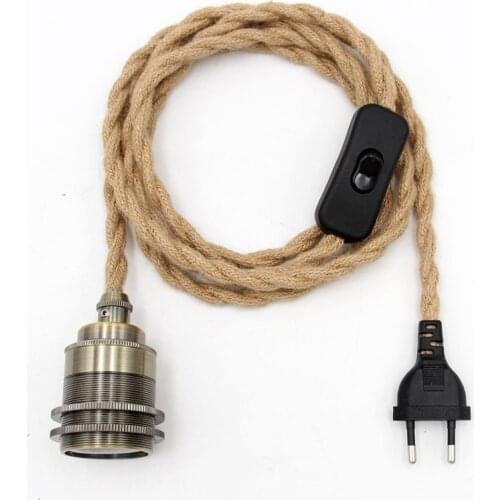 2Meters Euro Plug Power Cord Hemp Covered Cord with E27 Threaded Bulb Lamp Holder Vintage Hanging Light Cord Sets