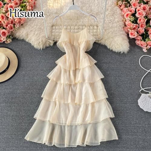 2021 summer new womens chic strap v-neck blackless layer ruffles chiffon A-line dresses female sling retro party tiered dress