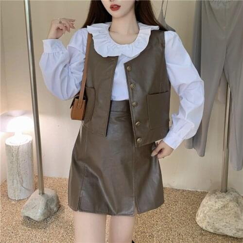 Vintage British style leather vest + leather skirt + white ruffled shirt 3pcs set women
