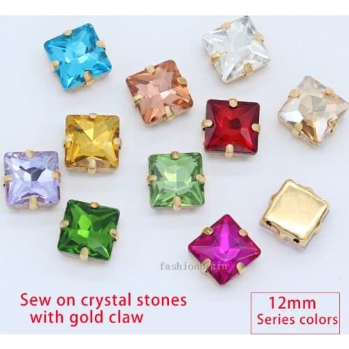 8/10 12mm square Glass strass stone Flatback sew on crystal Rhinestone jewels Gold Metal setting button for Wedding Dress craft