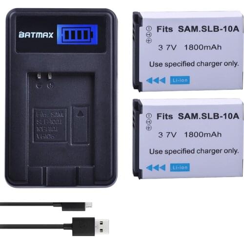 2Pcs 1800mAh SLB-10A SLB 10A SLB10A Camera Batteries + LCD USB Charger for SAMSUNG HMX-U10 HMX-U100 SL720 SL310W SL820 HZ15W