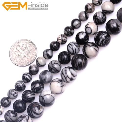 Gem-inside 6-10mm Natural Stone Beads Round Black Web Picasso Jaspers Beads For Jewelry Making Beads Bracelet 15'' DIY Beads