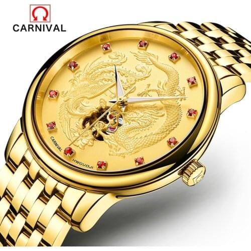 Relogio masculino Genuine CARNIVAL Mens Watches Top Brand Luxury Gold Dragon Sculpture Mechanical Watch Men Full Steel Wrstwatch