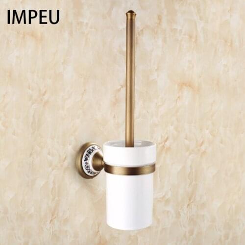 Antique Brass Toilet Brush holder with Ceramic Cup and Cover Auspicious Brass Carved, Bronze Color