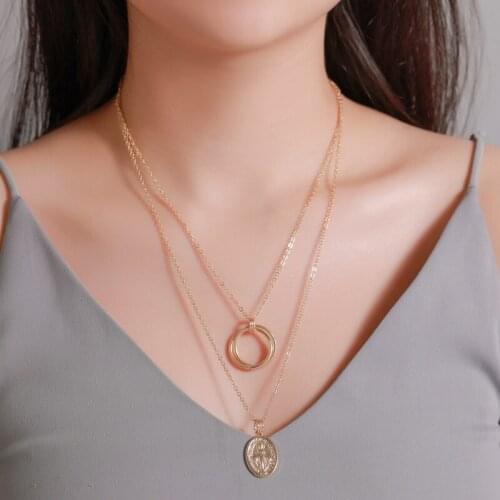 Double-Layer Geometry Jesus Christ Metallic Two Circles Round Pendant Golden Silver Plated Alloy Necklace for Women