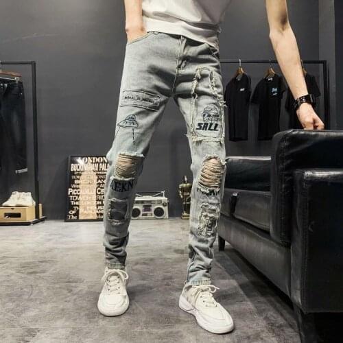 Classic Jeans Mens Denim Straight Hip Hop Trousers Mens Mens Regular Version Cut Distressed Biker Summer Hole Straight Print
