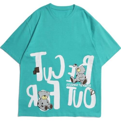 Hip Hop Men Bear Letter Print Streetwear Pure Cotton Casual Top Tee T-Shirt Harajuku Clothing