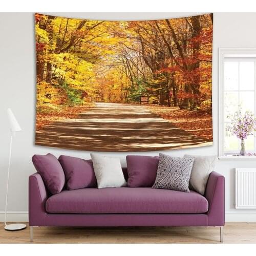Tapestry Autumn Scenic View with Road in Forest Tall Trees Foliage Countryside Nature Orange Brown Yellow Colorful Print