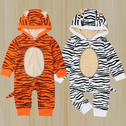 Cute Baby Clothes Tiger Style Boys And Girls Simple Printing Cutely One-piece Hooded Long Sleeve Romper Baby Cartoon Pajama 0-4y