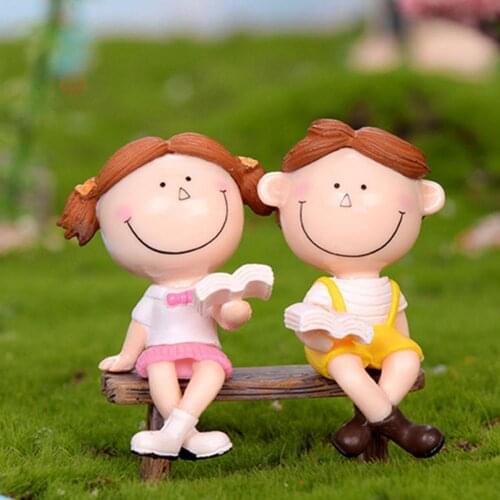Mini Cute Girl Boy Couple Sit Down Bench Model Miniature Figurines DIY Garden Landscape Decoration Ornament Resin Figurines
