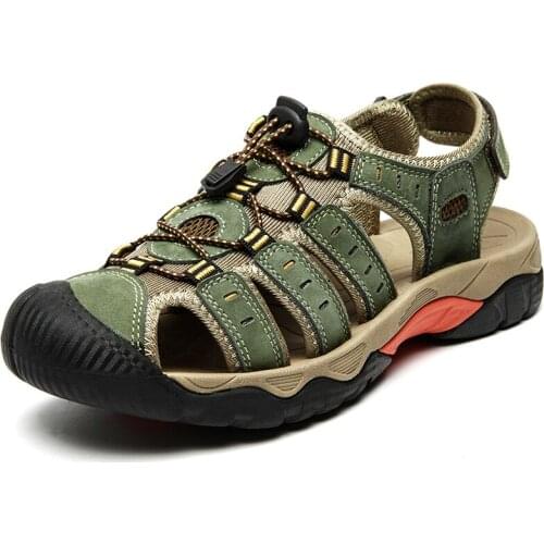 Mens Summer Closed Toe Wading Sandals Hiking Sport Casual Real Leather Beach Shoes Summer Waterproof Plus Size 38-48 New 2021