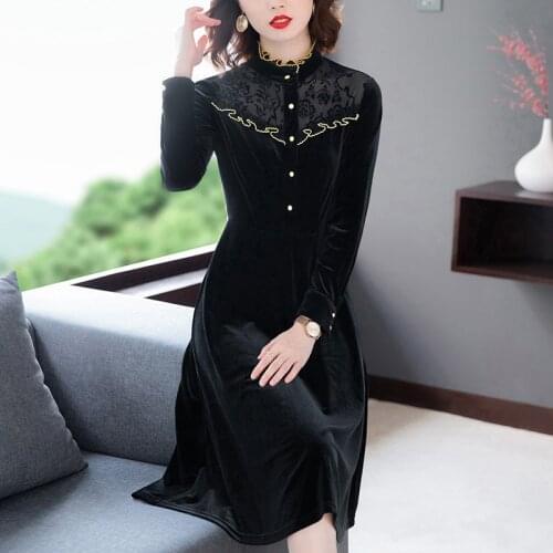 Autumn Winter Vintage Black Lace Gold Velvet Dresses 2020 Casual 4XL Plus Size Midi Dresses Elegant Women Bodycon Party Vestidos