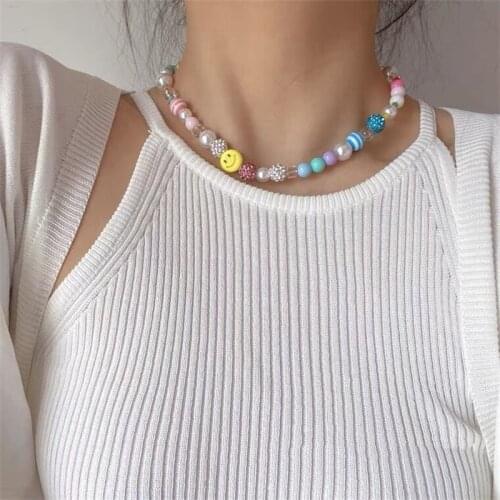 New Kpop Colorful Flower Cute Heart Smiley Face Pearl Chain Necklace for Women Girls Clavicle Choker Aesthetic Jewelry 2021