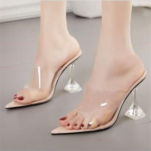 Sexy PVC Transparent Slippers Sandals Summer Fashion Ladies Crystal Heeled Slippers High-heel Party Shoes size 35-42