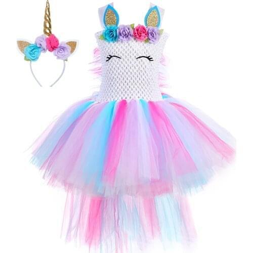 Pastel Unicorn Bustle Tutu Dress Tulle Flowers Girls Birthday Party Dress Mane Unicorn Halloween Costumes for Kids Girls 1-14Y