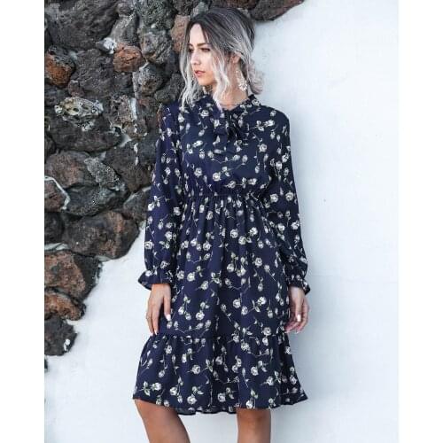 Women Spring Autumn Print A-Line Dresses Bow Ruffles Flare Long Sleeve Elastic Waist Dress For Woman Vestido De Mujer Robe Femme
