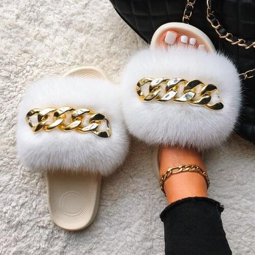 Women Furry Slides Fashion Chain Fluffy Flip Flops Faux Fox Fur Slippers Female Flat Summer Shoes Plush Indoor Slippers Sandals