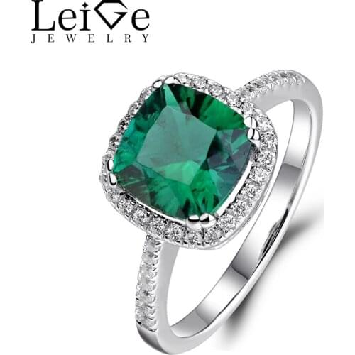 Leige Jewelry Silver 925 Emerald Ring Green Gemstone Wedding Engagement Halo Rings for Women Anniversary Gift Cushion Cut