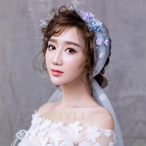 Korean Brides Retro Headdress set Sweet Feather Hair Handmade Flower Headbands Silk Pearl Hair Ornament Hairpin accessories