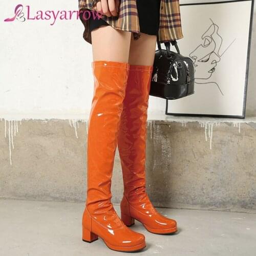 Lasyarrow Party style comfortable round toe paint over-knee boots pleated platform middle heel chunky riding boots womens shoes