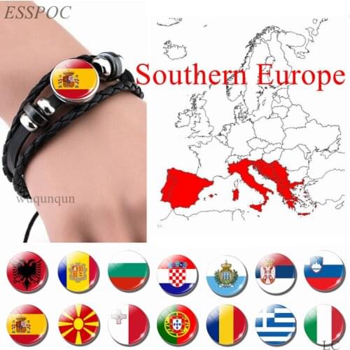 Southern Europe: Portugal Greece Spain Italy Romania Flag Black Bracelet Glass Dome Jewelry Leather Button Men Bangle Gifts