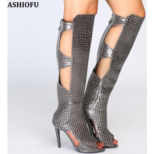 ASHIOFU New Handmade Womens High Heel Boots Sexy Night-club Party Knee Boots Evening Prom Fashion Autumn Boots Shoes