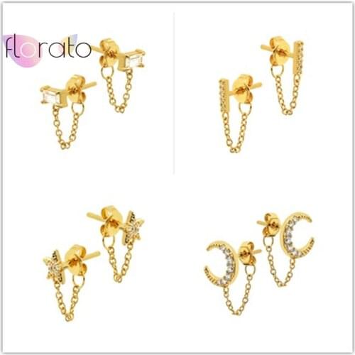 925 Sterling Silver Ear Needle Minimalist Geometric Tassel Stud Earrings For Women Moon Star Crystal Chain Earrings Jewelry