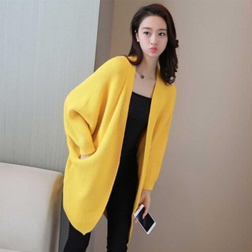 Korean Style Cardigan Long Women Spring Autumn Long Batwing Sleeve Solid Ladies Casual Sweaters Pockets Knitted Wear for Female