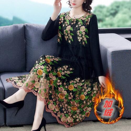 Fall Winter 2020 Woman Embroidery Black Brown Fleece Warm Thick Dress , Women Cloting 4xl 5xl Long Flower Dresses