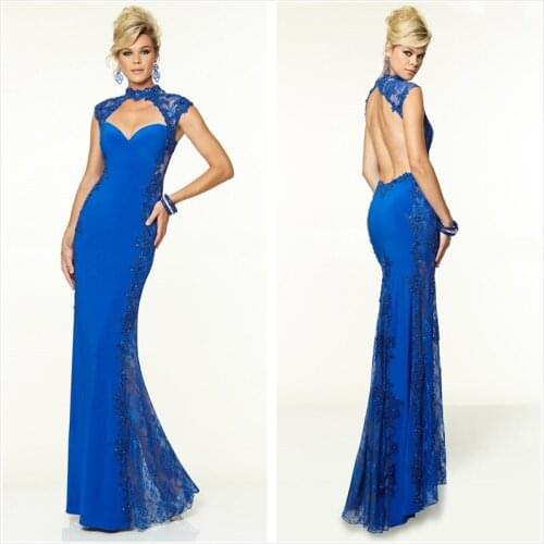 2018 robe de soiree High Neck SChiffon Lace women elegant 2018 Royal Blue formal evening Prom Gown mother of the bride dresses