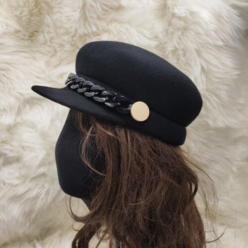 202011-nao-chain British Style Acrylic chain Big gold button wool fashion lady Octagonal hat women visors cap