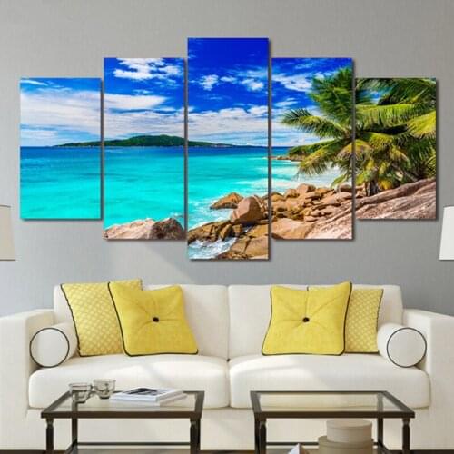 Hd Printed Wall Art 5 Pieces Pictures Tropical Beach Sea Shore Seascape Posterframed Modern Canvas Art Painting Frame