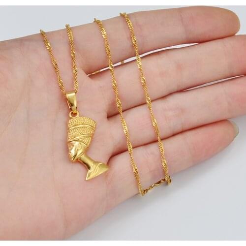 Anniyo Samll Ancient Queen Egyptian Pendant Necklaces Gold Plated Egypt Nefertiti Head Portrait Jewelry African Gifts #242206