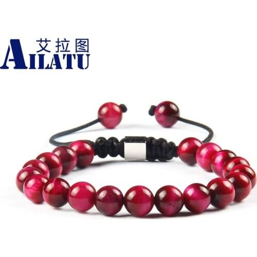 8mm Green and Pink Tiger Eye Stone Beads Braided Bangle Couples Gift Meditation Macrame Bracelet Logo Name Print Drop Shipping