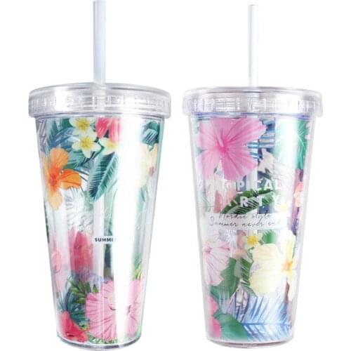 Double Layer Integrated Flowered Plastic Cup Cute Childrens Straw Cup Large Capacity Water Cup Gift For Women